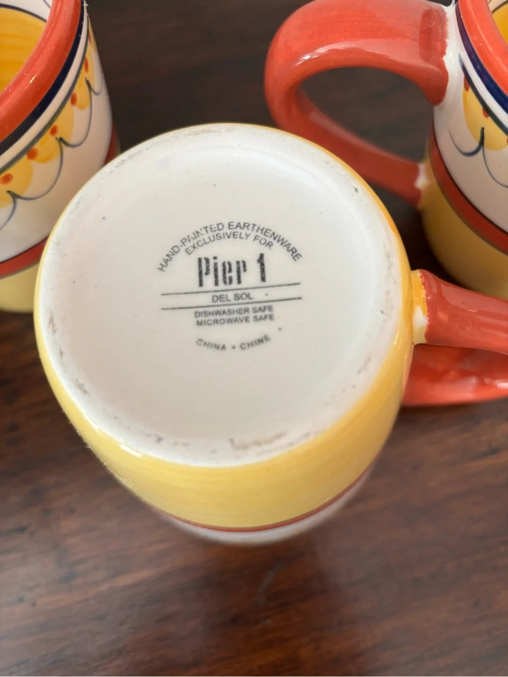 Pier 1 Del Sol Hand Painted Earthenware Yellow Coffee Tea Mugs Set of 4